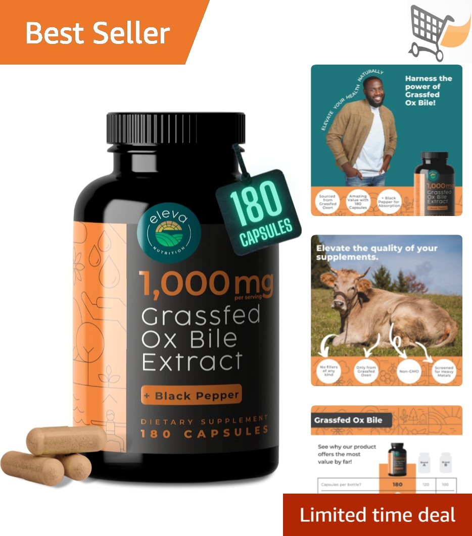 Grass-Fed Ox Bile Extract 1000mg Capsules Digestive Support Keto 180 Count