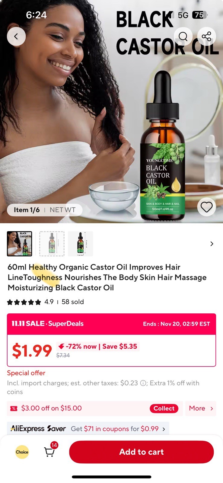 60ml Organic Black Castor Oil – Hair Growth, Strengthens Hairline, Skin & Body.
