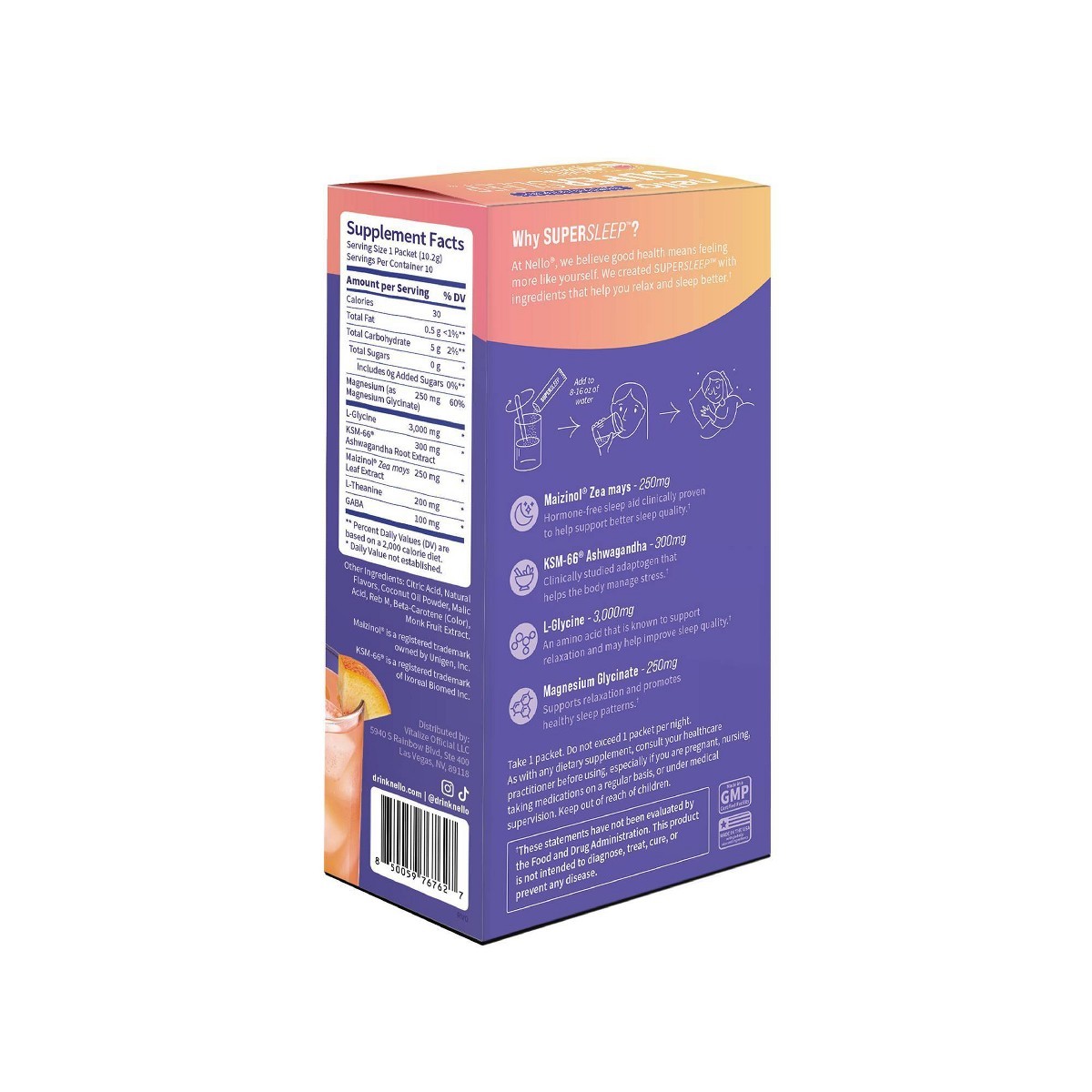 Nello Supersleep Drink Mix Supplement Powder – Peach Dream – 10ct