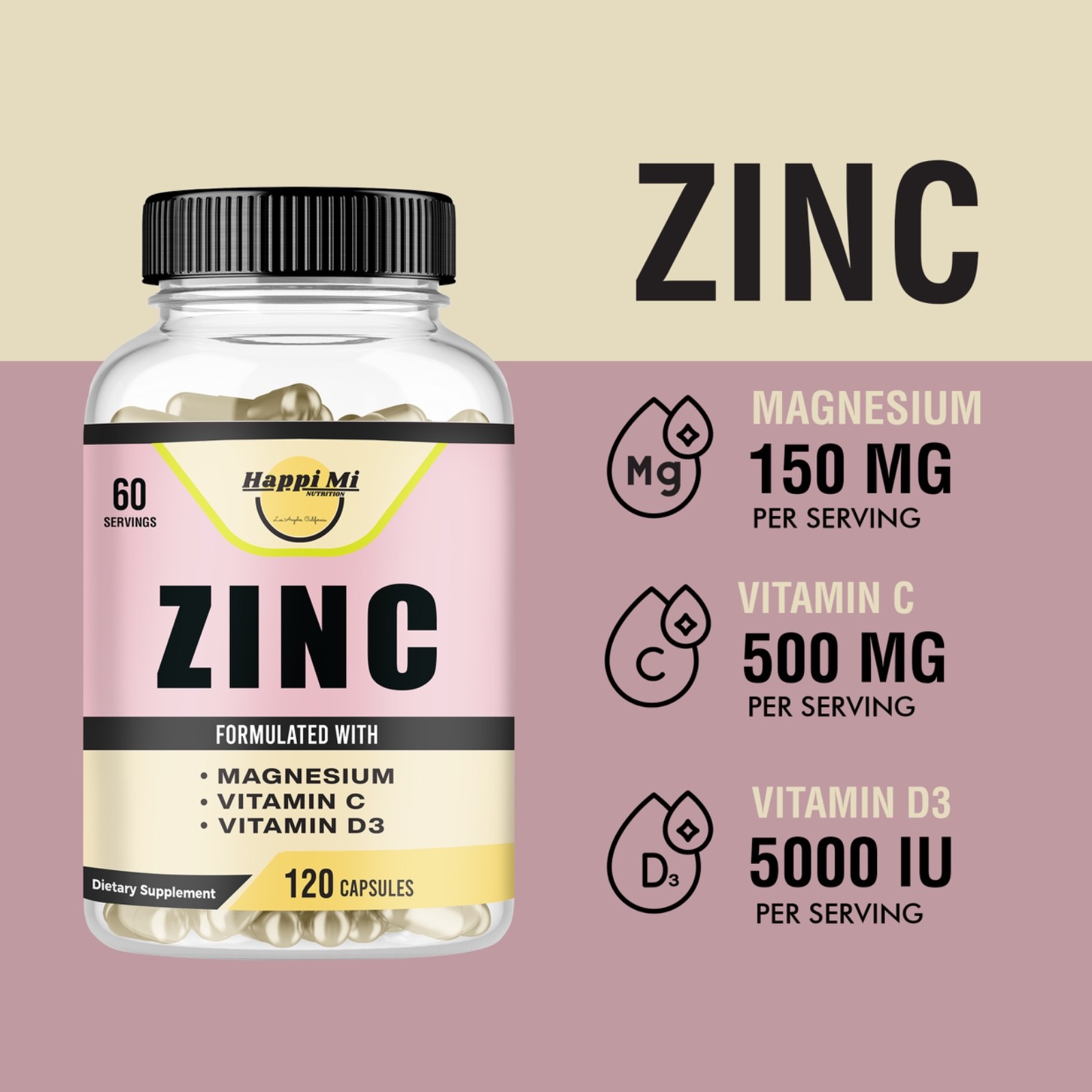Zinc 100mg, Magnesium Glycinate 150mg, Vitamin D3 5000 IU, Vitamin C 500mg – 120