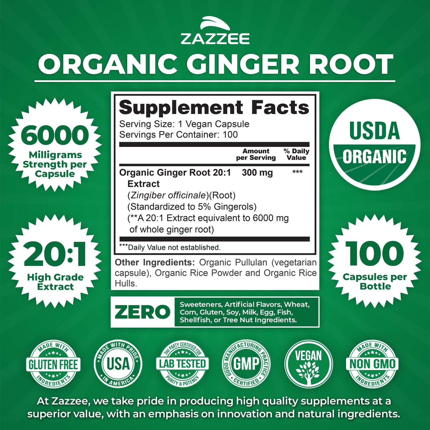USDA Organic Ginger Root 20:1 Extract, 6000 mg Strength, 5% Gingerols