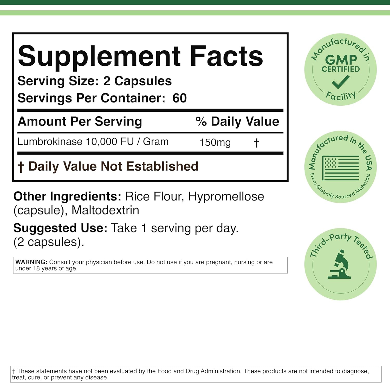 Lumbrokinase Enzymes Supplement – 120 Capsules (Max Activity 10,000 Fu/Gram) 150