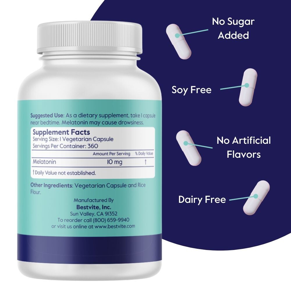 Melatonin 10mg (360 Vegetarian Capsules)- Easy to Swallow Small Capsules