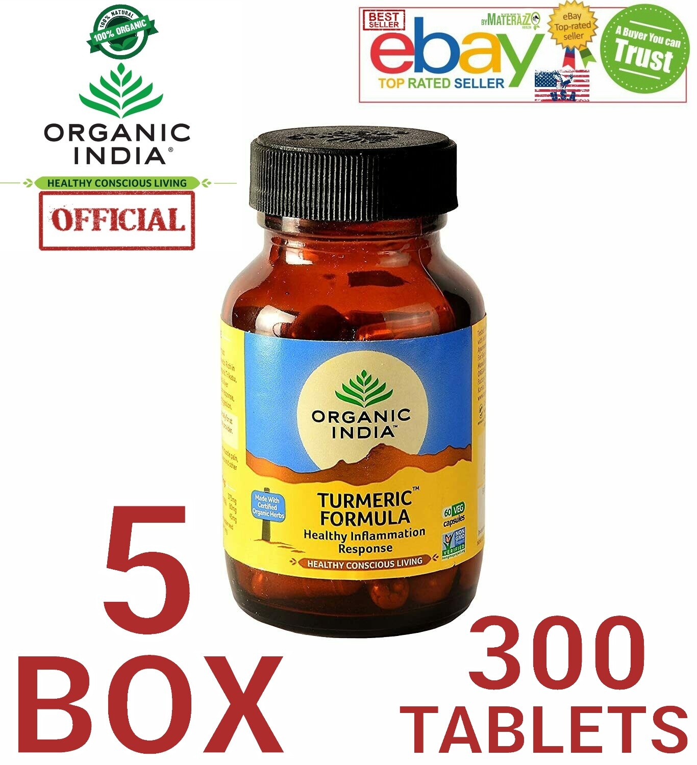 Turmeric Formula Organic India OFFICIAL USA 5 Bottles 300 Caps Immunity