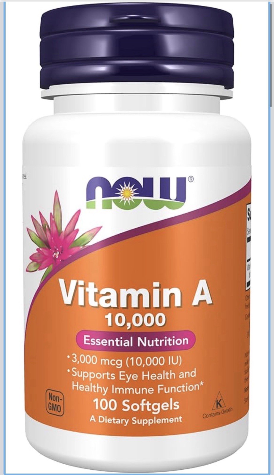 NOW Vitamin A 10,000 IU (3,000 mcg) 100 Softgels Eye & Immune Non-GMO