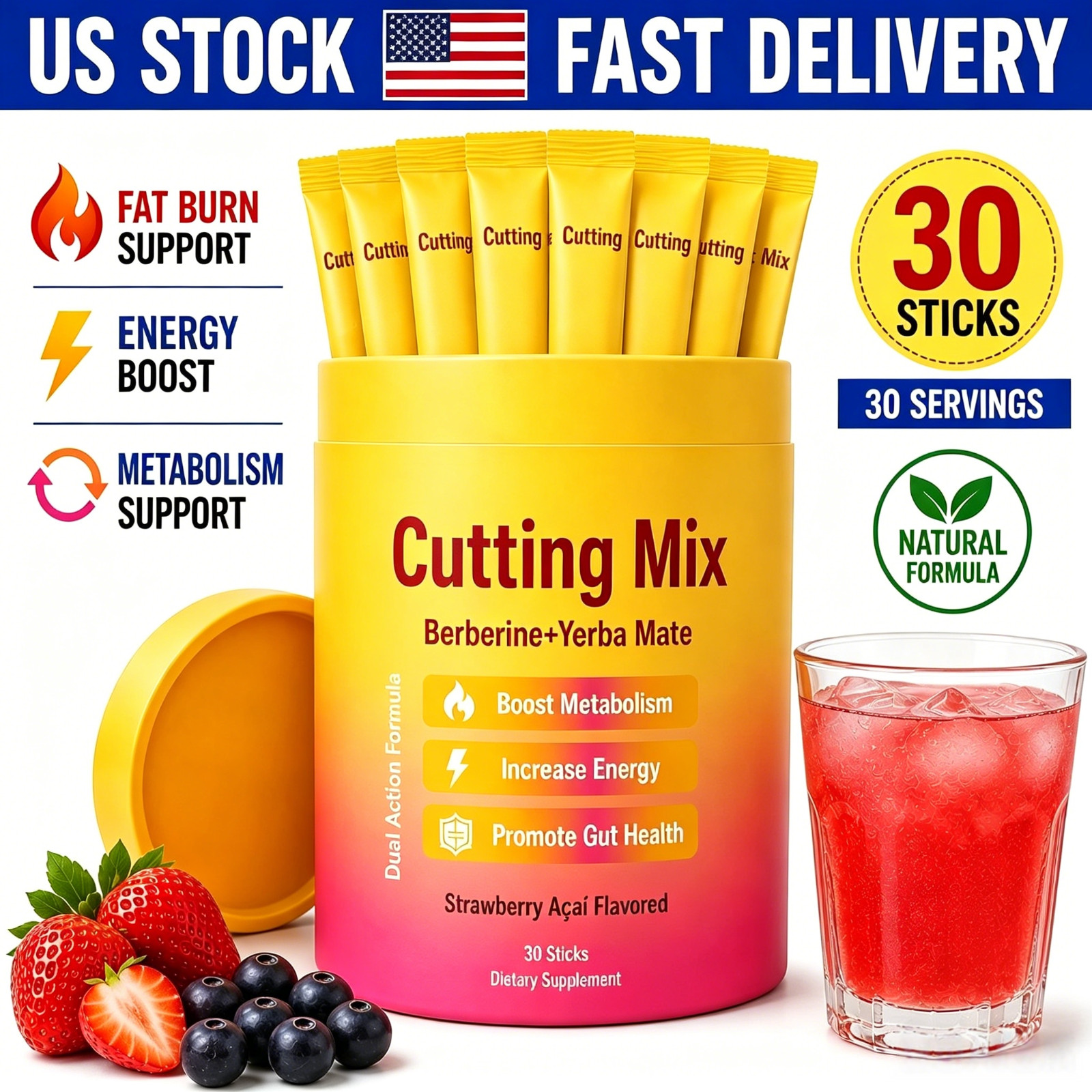 Cutting Drink Mix – Berberine+Yerba Mate, Boost Metabolism Gut Health Supplement