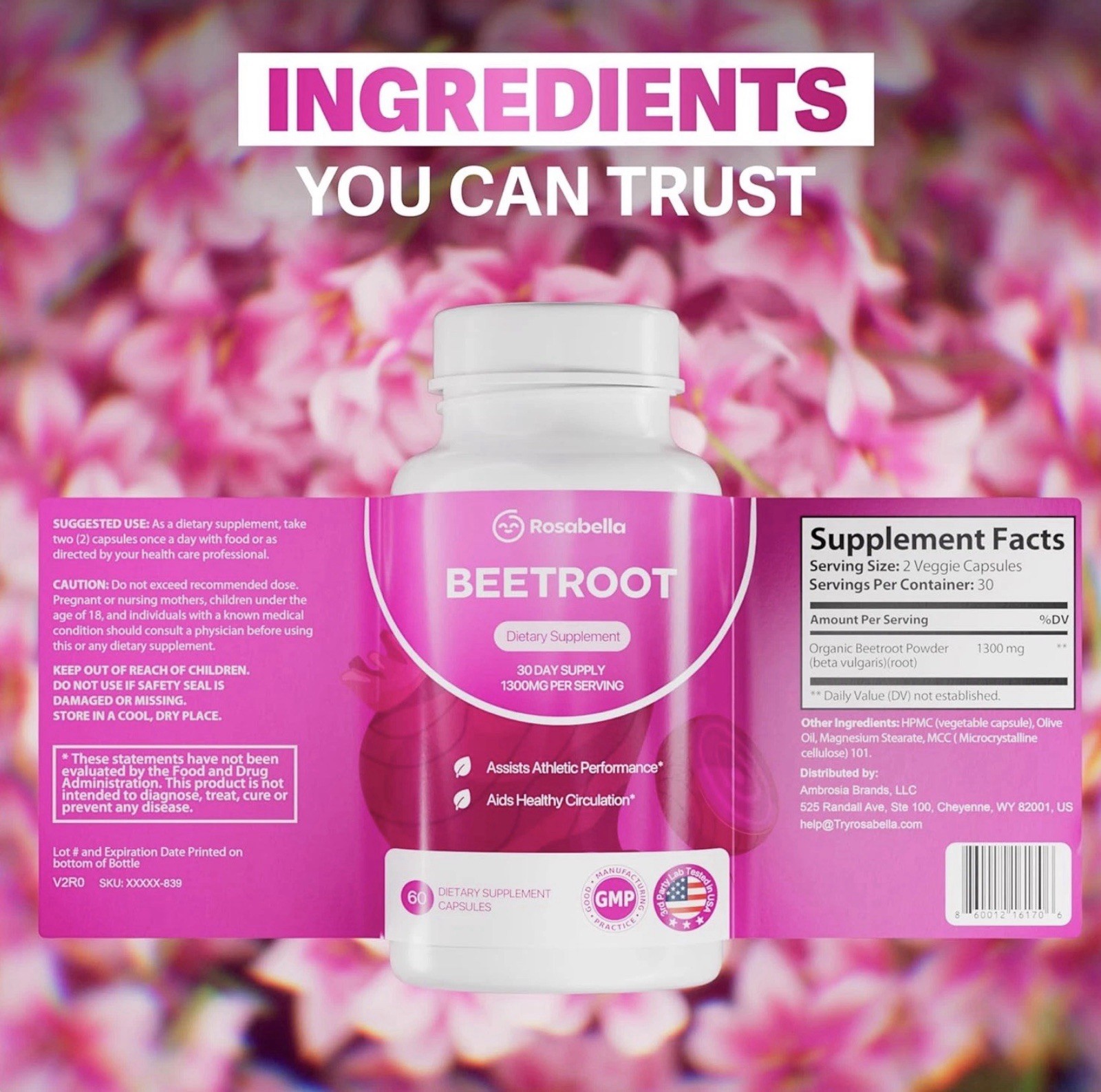 Rosabella Organic Beetroot Powder Capsules 1300mg Circulation Energy 60 Ct