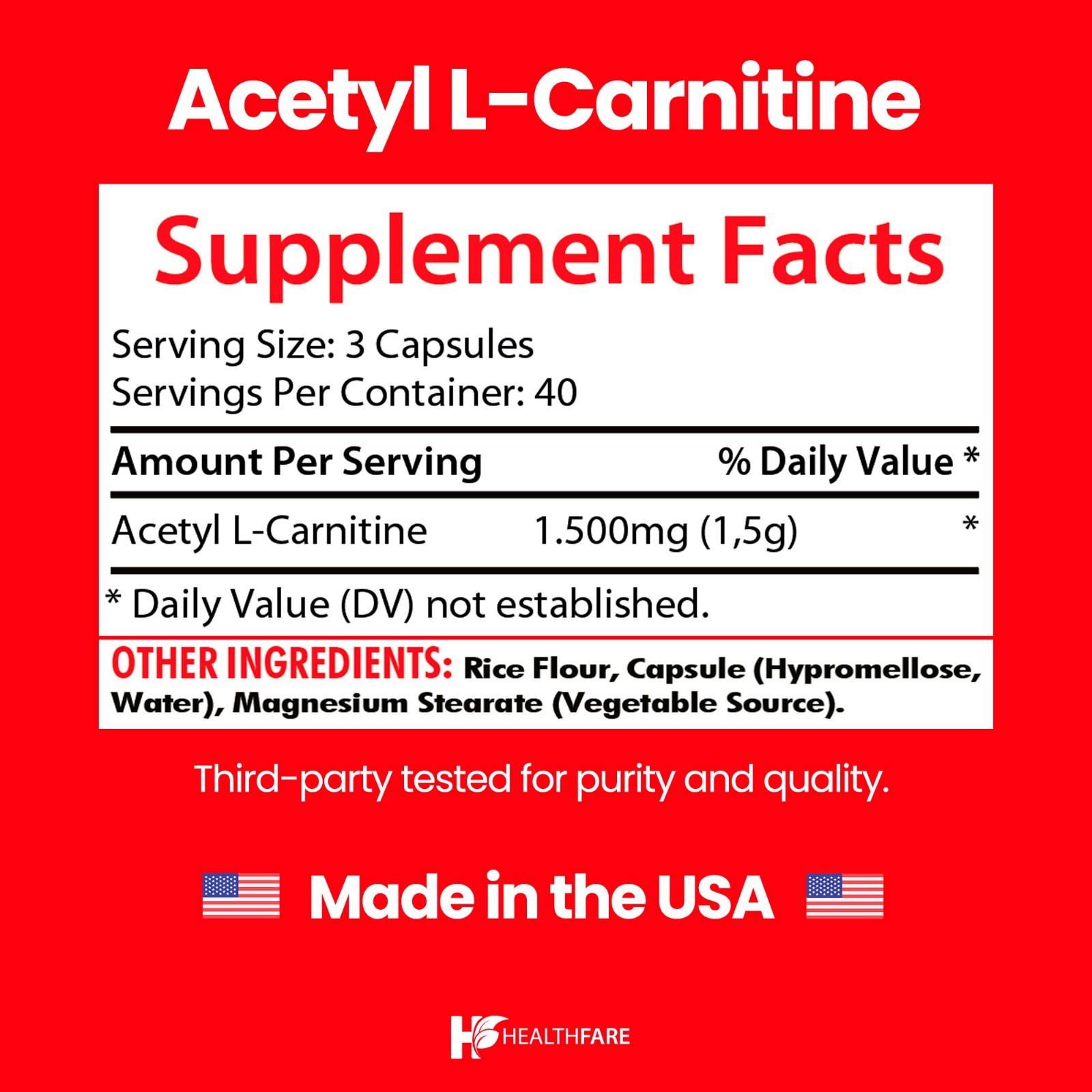 HealthFare Acetyl L-Carnitine 1500mg, 120 Capsules – Non-GMO and Gluten Free