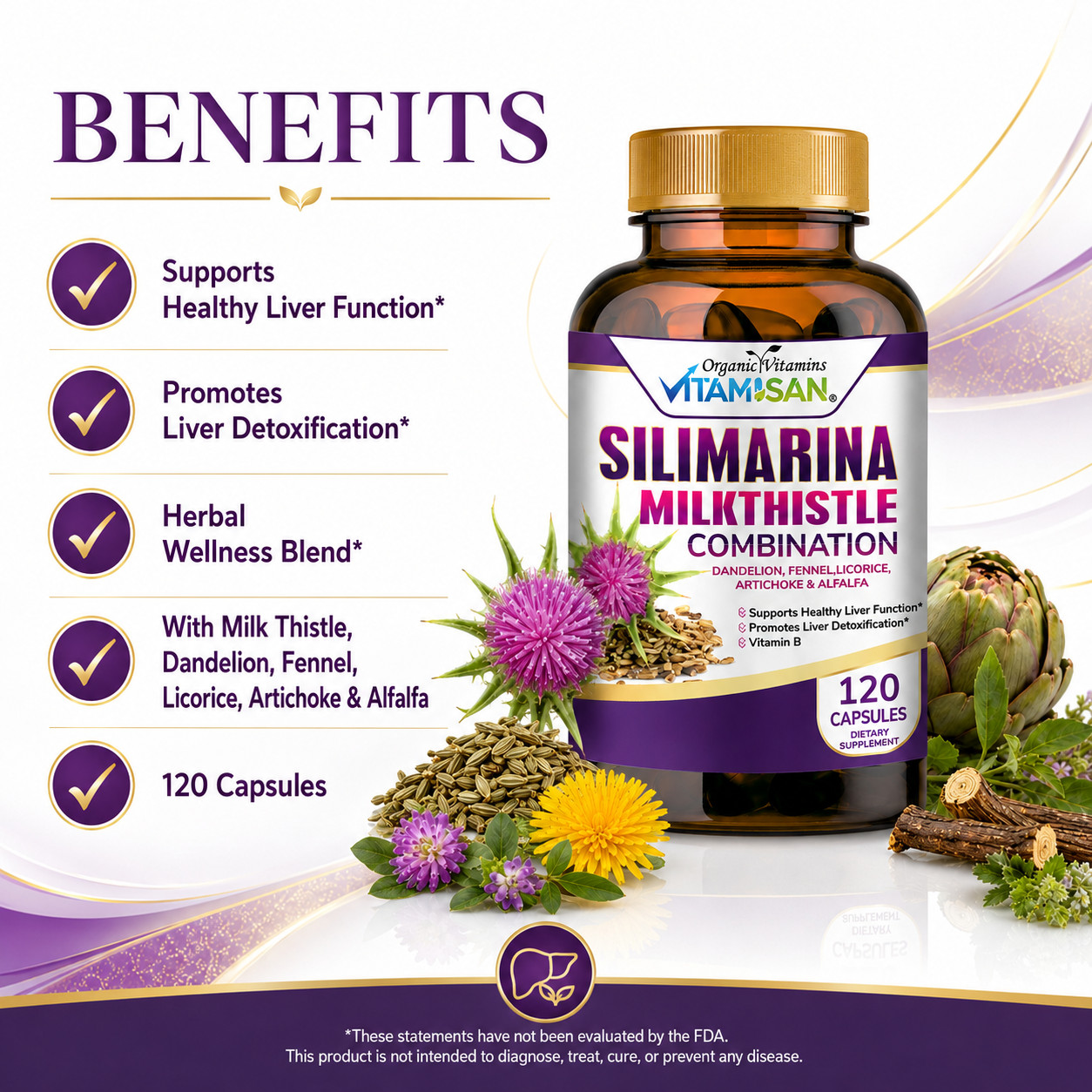 Organic Vitamins Milk Thistle Strenght 120 Caps Silymarin complex with B