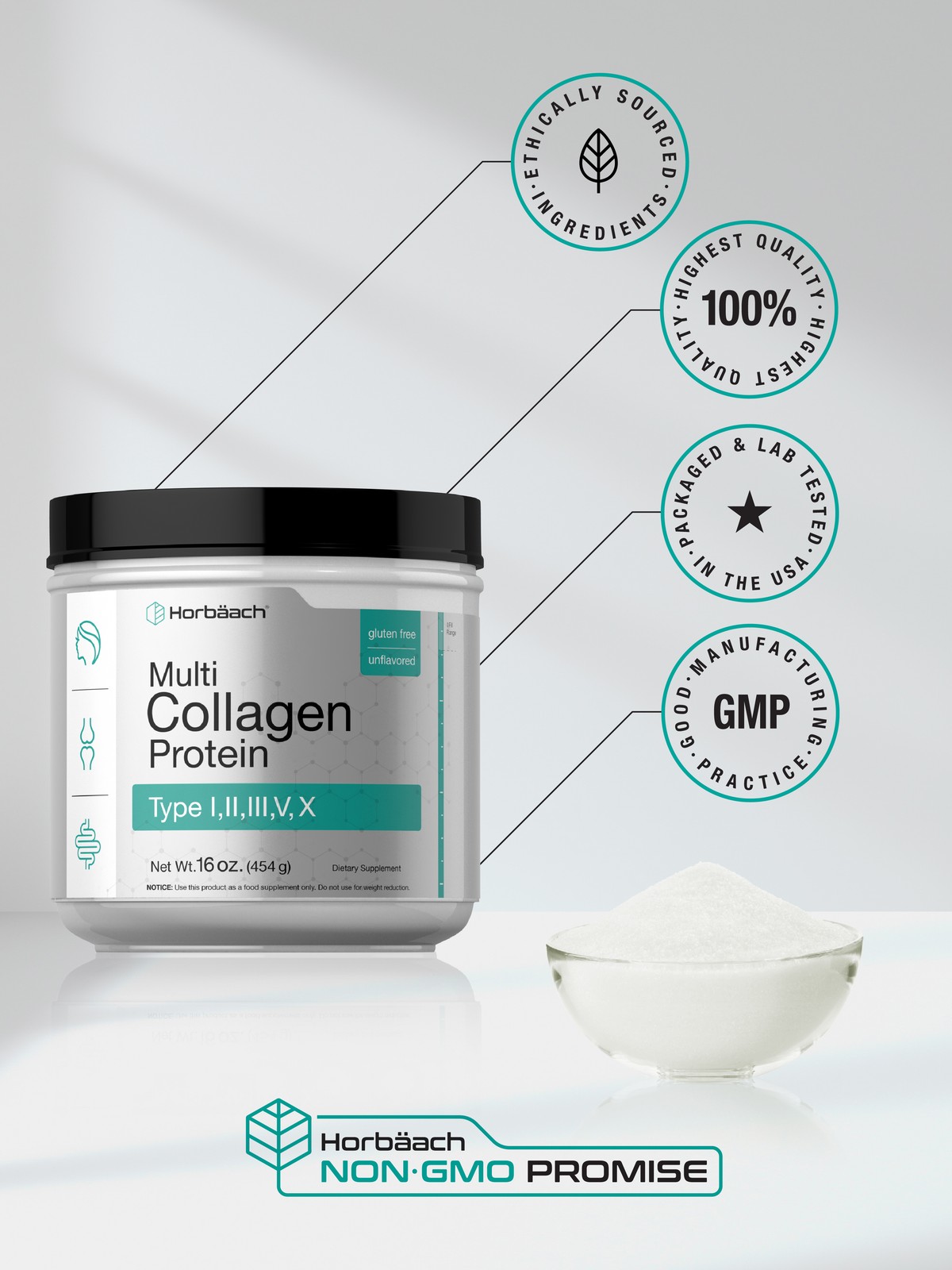 Multi Collagen Protein Powder | 16 oz | Type I, II, III, V, X | by Horbaach