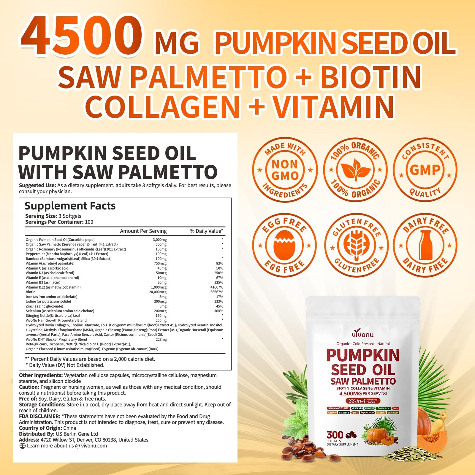 Pumpkin Seed Oil with Saw Palmetto Capsules | 300 Count (Pack of 1)