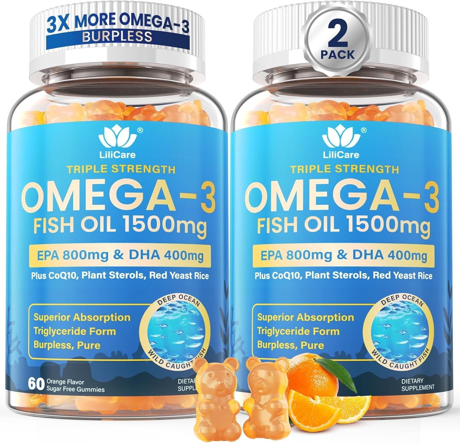 Fish Oil Omega 3 Gummies 1500Mg for Adults – Triple Strength with EPA & DHA, COQ