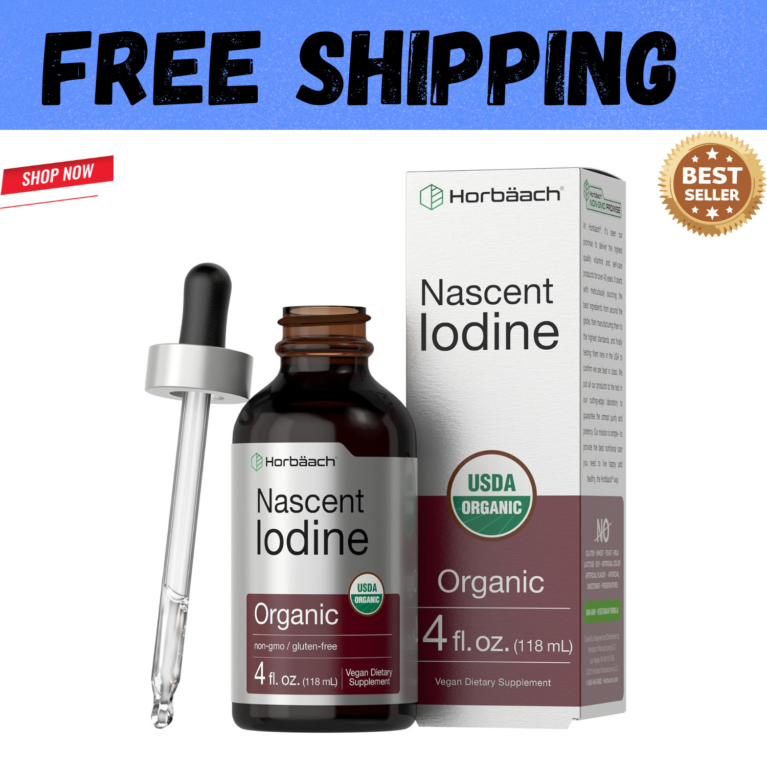 Nascent Iodine 325mcg 4oz Organic Liquid Supplement Non-GMO Gluten Free USA