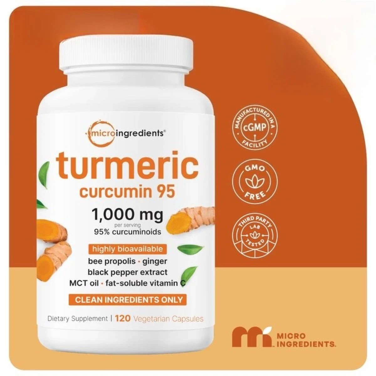 1000mg Turmeric Curcumin，95% Curcuminoids with BioPerine& MCT | Non-GMO,120VCaps