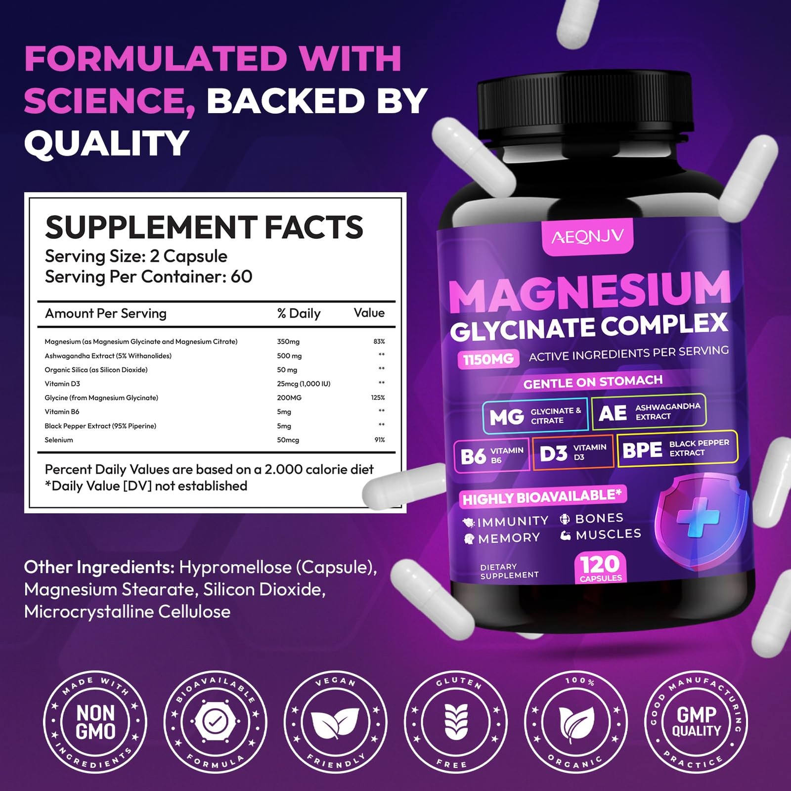 Magnesium Glycinate Complex 1150mg – Gentle on Stomach 120 Count (Pack of 1)