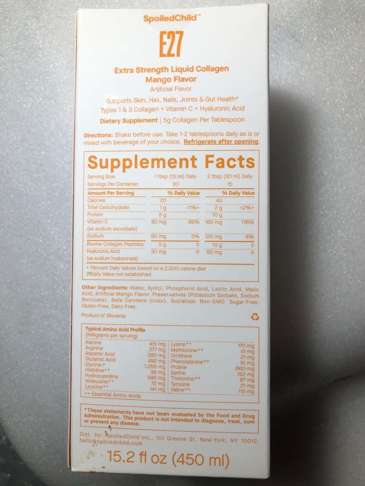 SpoiledChild E27 Liquid Collagen Peptides+ C Mango Flavor 15.2 fl oz 450ml (L14