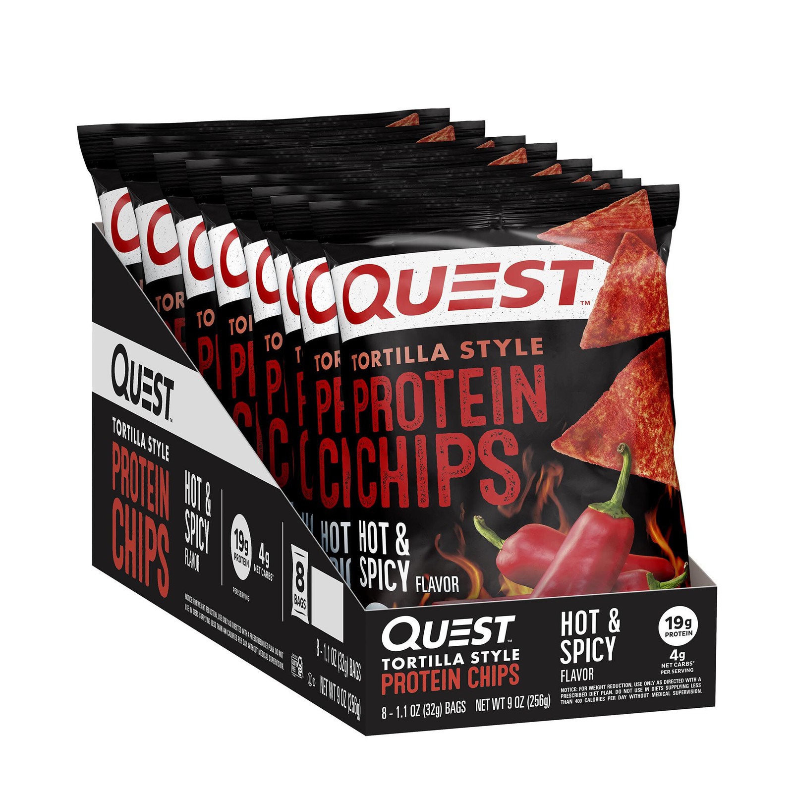 Quest Tortilla Style Protein Chips Hot and Spicy Flavor 8 Bags 32g ea NEW