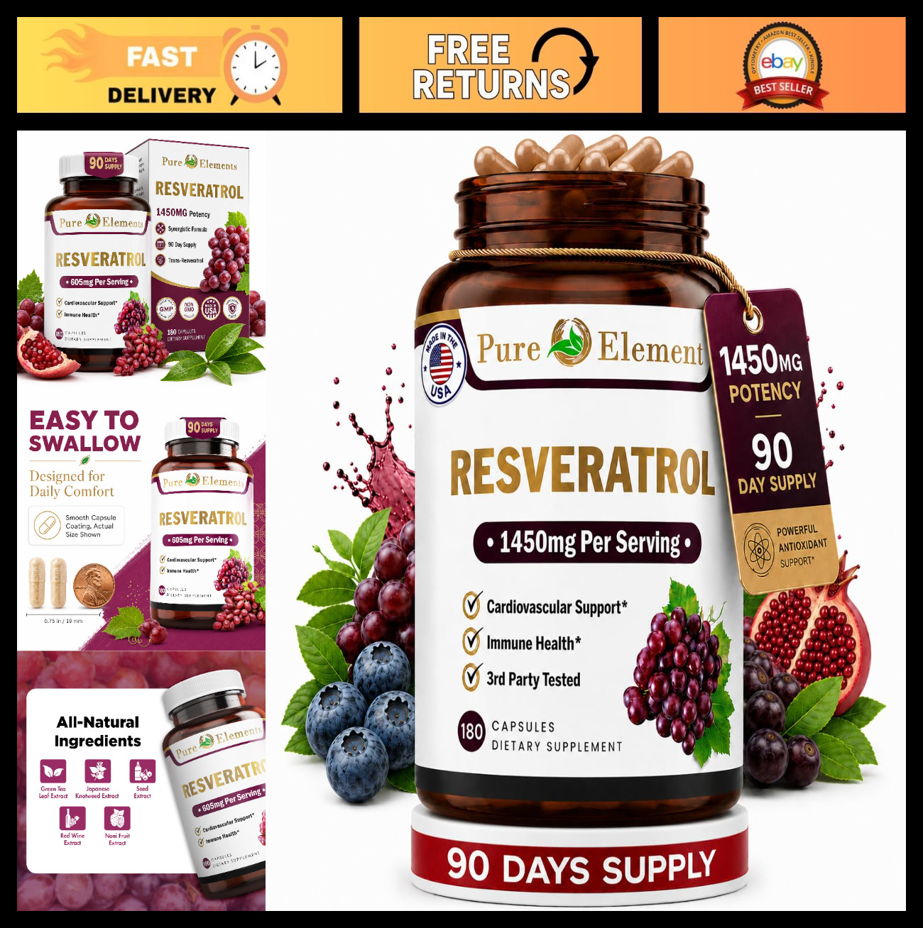 Extra Strength Resveratrol 1450mg for Skin & Immunity Support, 90-Day Supply
