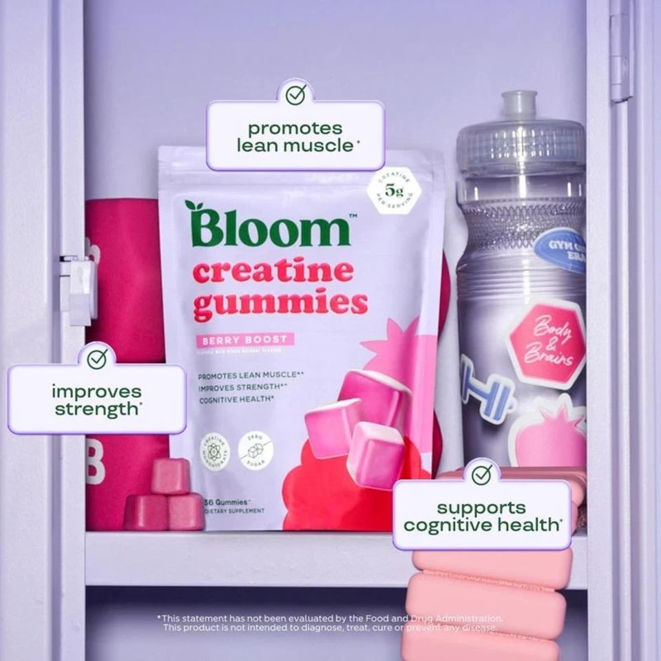 Bloom Sugar Free Creatine Gummies 10g Monohydrate for Strength,Berry,72 Gummies