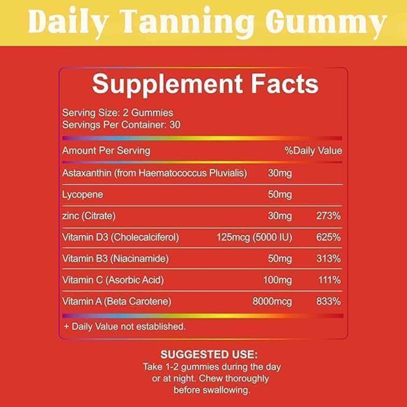 Improved Daily Tanning Gummies Supplement – 60 Gummies 30-Day Supply