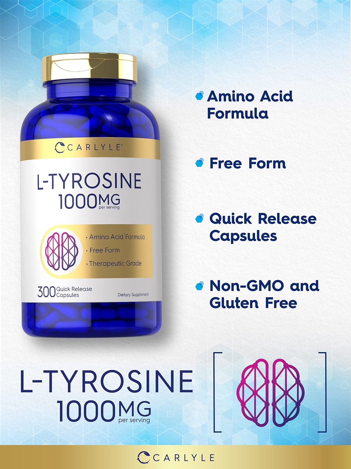 EXP:08/2026 Carlyle L Tyrosine Capsules 1000mg | 300 Count | Therapeutic Grade |