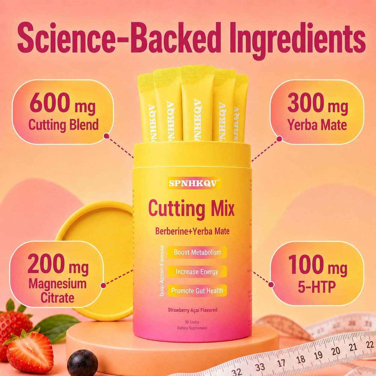 SPNHKQV Cutting Mix Berberine + Yerba Mate, Strawberry Açaí Blend, 30 Stick Pack