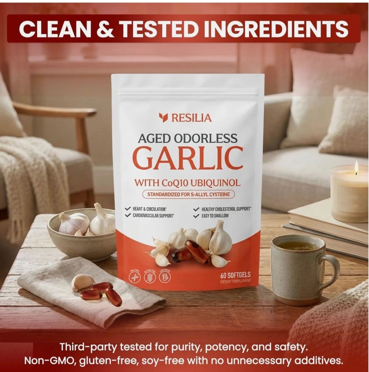 Resilia Garlic Extract 600mg Softgels (60 Count) – Odorless Aged Garlic Extra…
