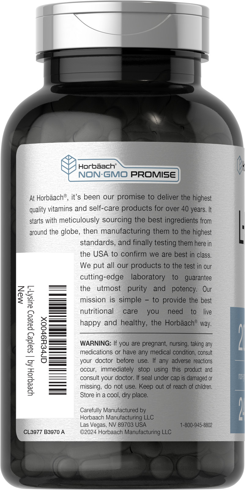 L-Lysine 2000mg | 240 Caplets | Vegetarian, Non-GMO, Gluten Free | by Horbaach
