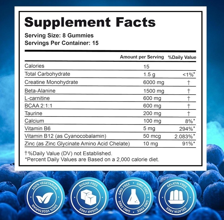 Creatine Monohydrate Gummies Complex 9000 MG, Preworkout Gummies with BCAA, L-Ca