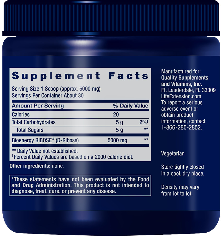 D-Ribose Powder 5000mg per Serving 150gms/5.29oz Life Extension