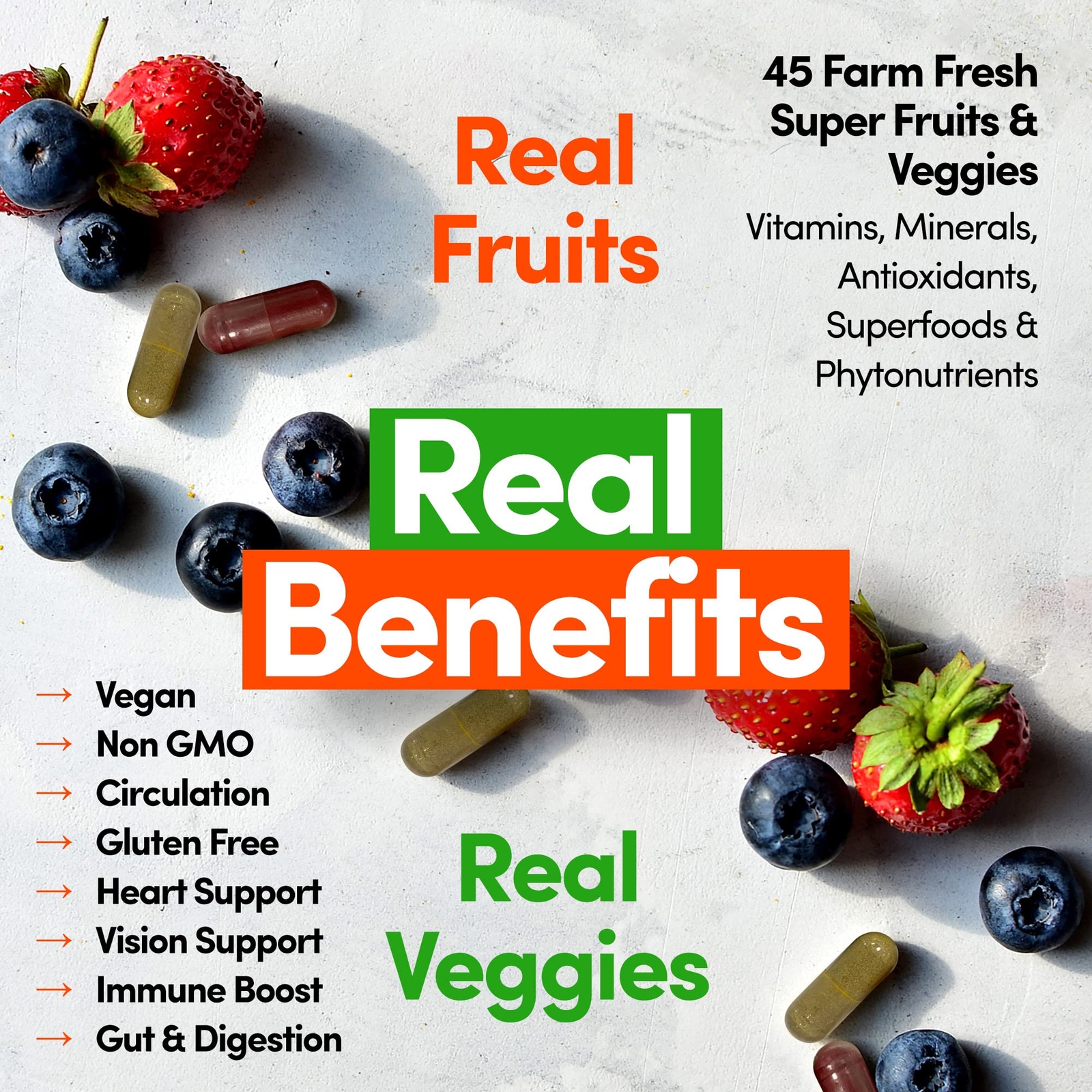 Fruit and Vegetable Supplement Capsules 180 Each Greens and Reds 60 Servings