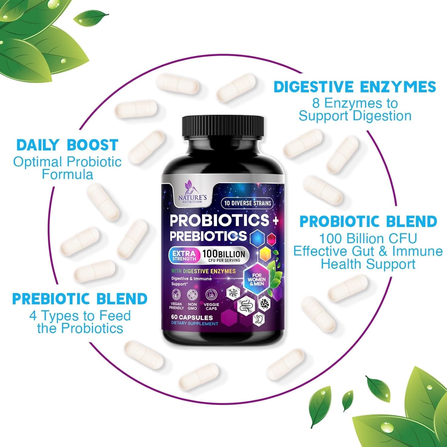 Daily Probiotic and Prebiotic Supplement 60 Billion CFU 10 Diverse Strains