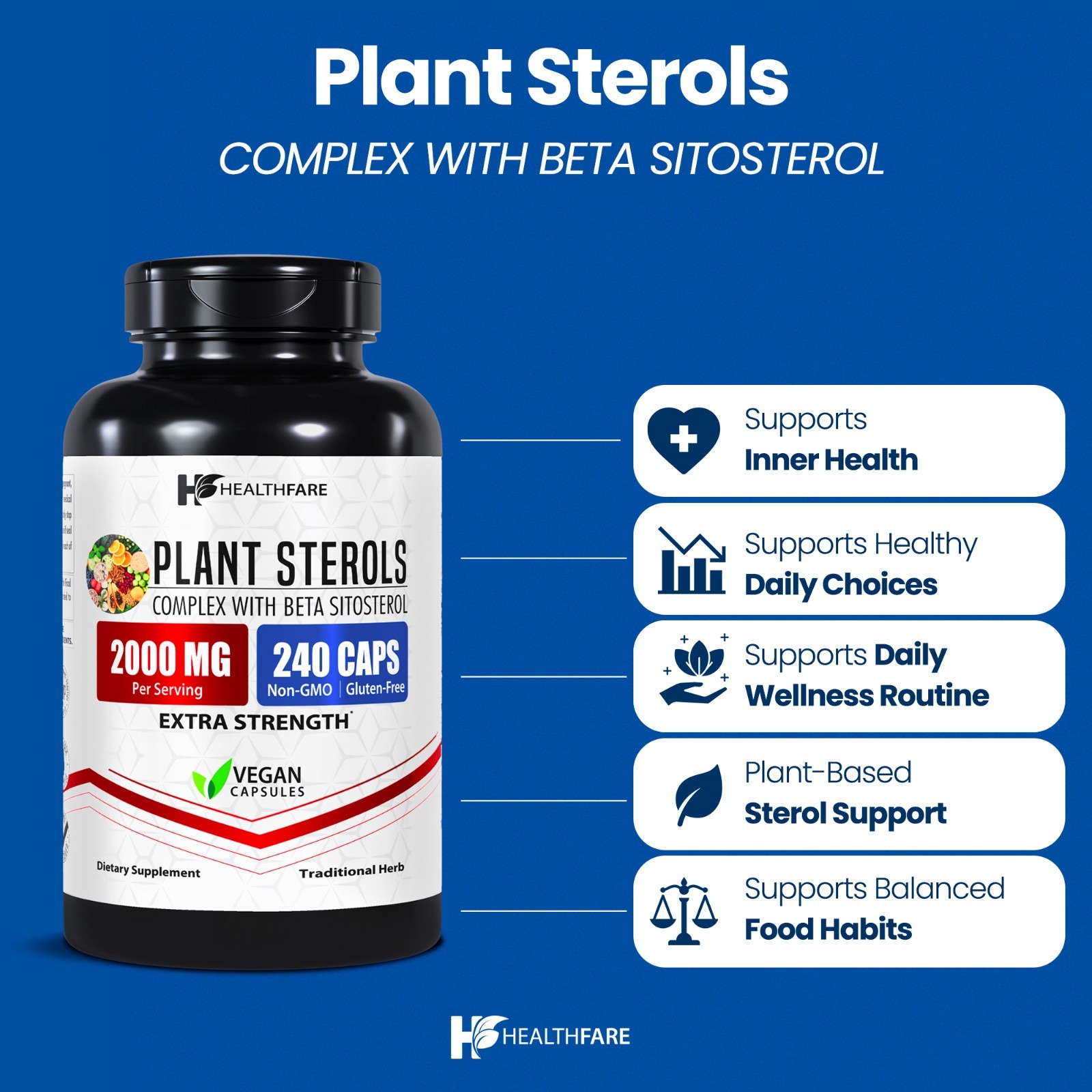 Plant Sterols 2000mg | 240 Count Maximum Strength Beta Sitosterol by Healthfare