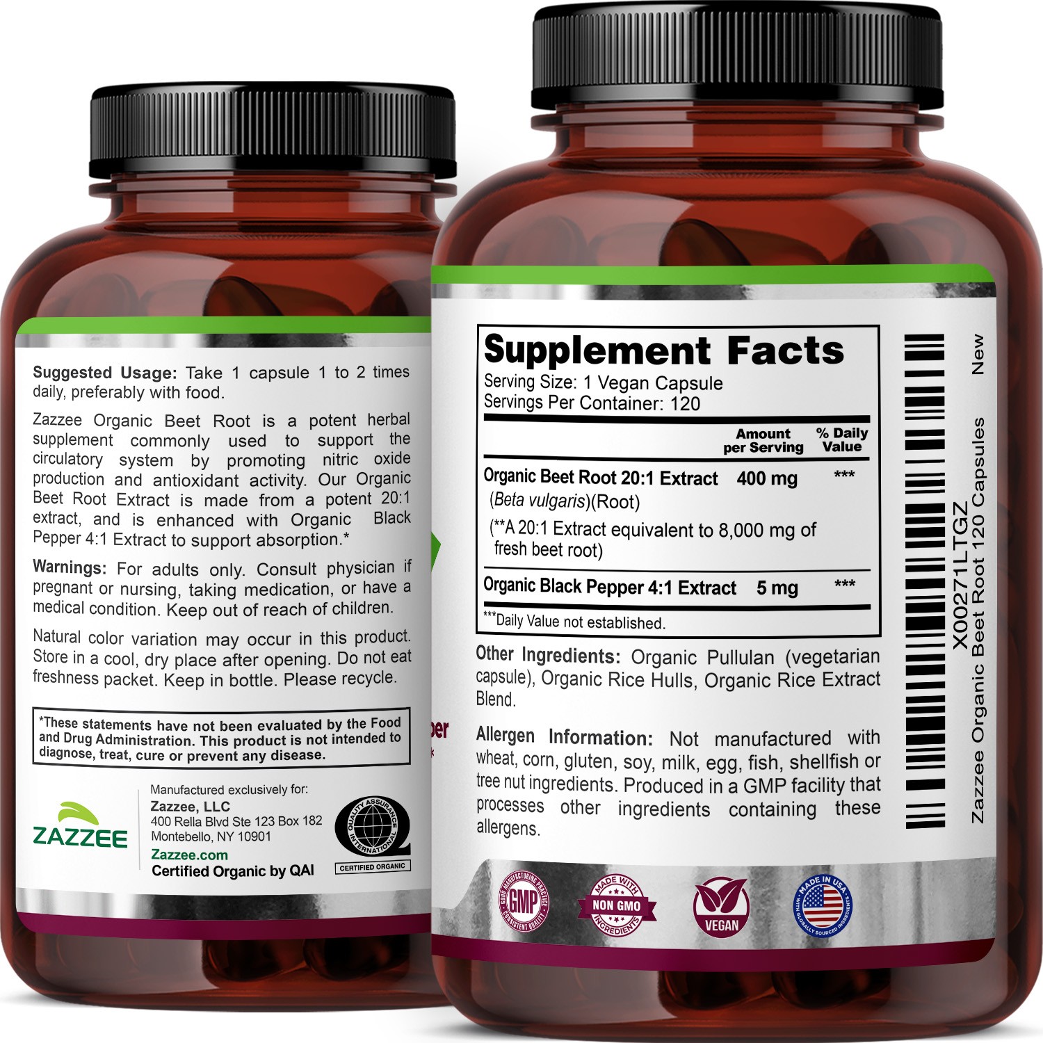 USDA Organic Extra Strength Beet Root 20:1 Extract 8000 mg Strength 120 Capsules