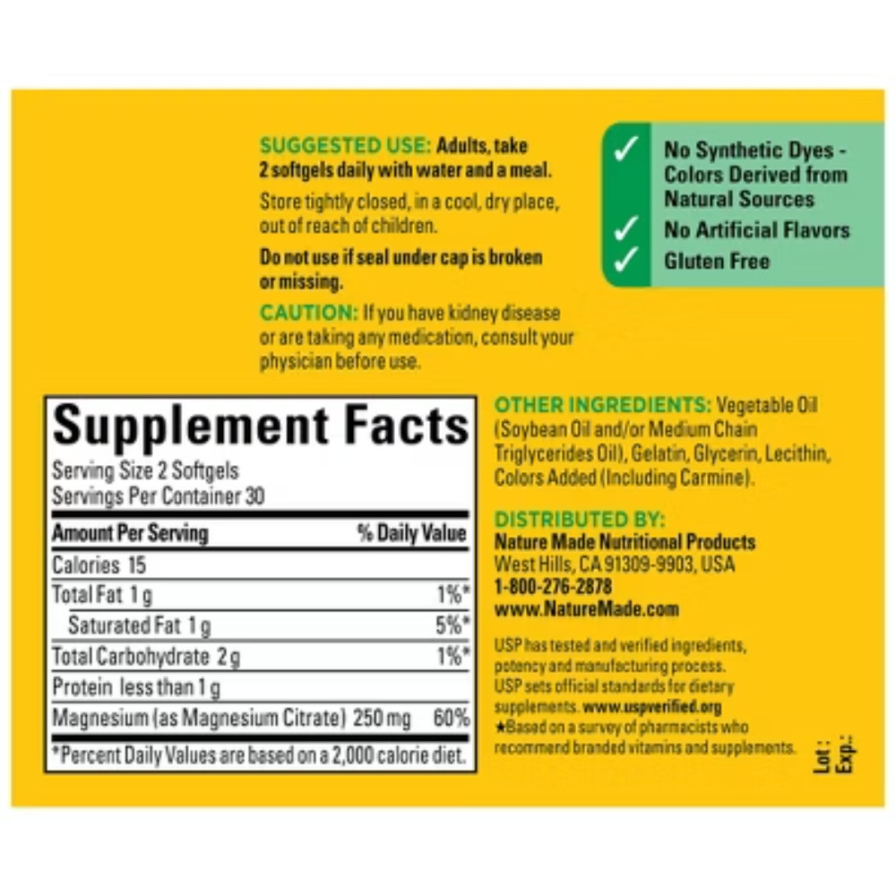 Nature Made Magnesium Citrate 250mg Muscle, Nerve, Bone&Heart Support Supplement