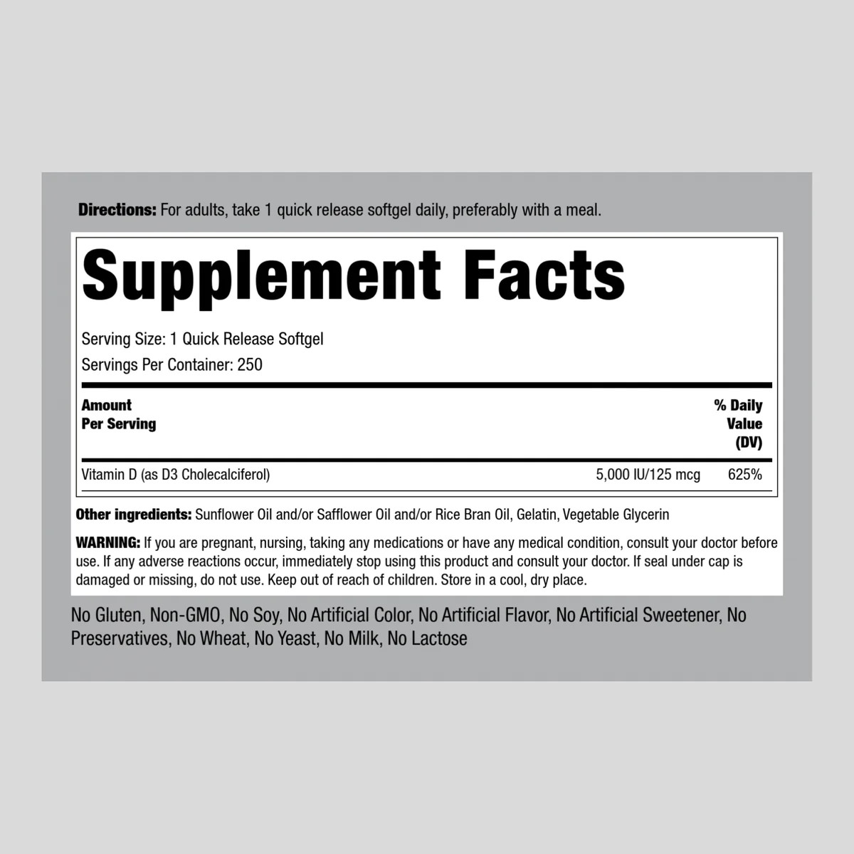 Vitamin D3 5000iu Softgels | 250 Count | High Potency | Non-GMO | by Piping Rock