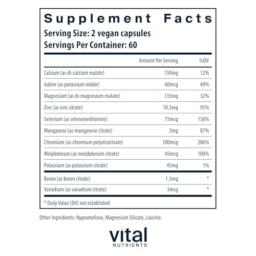 Vital Nutrients Multi-Minerals Citrate/Malate No Copper Iron Vegan 120 Capsules