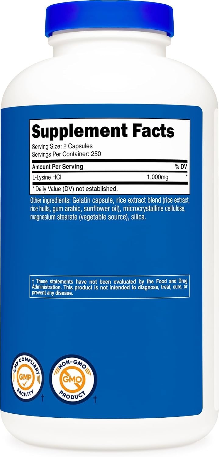 500 Capsules of L-Lysine 1000mg Per Serving – Essential Amino Acid, Gluten Free