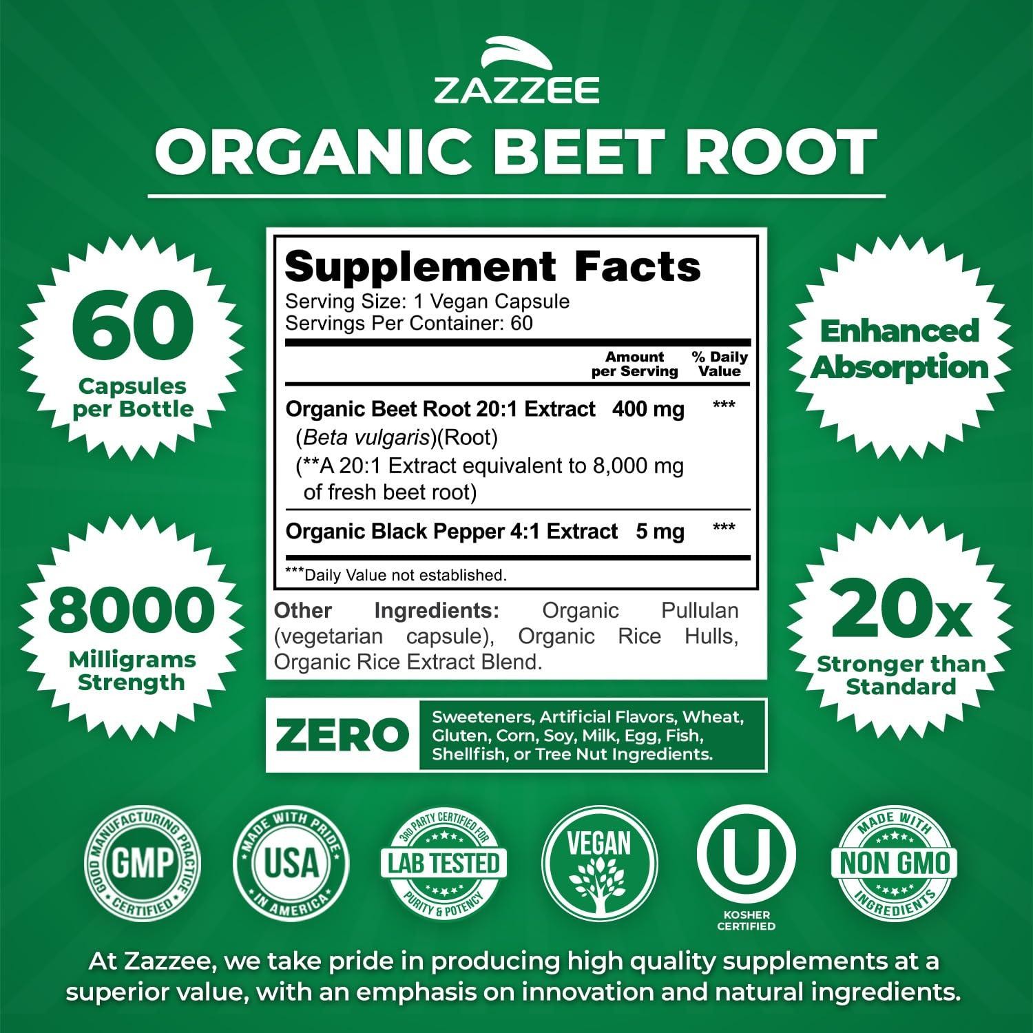 USDA Organic Beet Root 8000 mg Strength 20:1 Extract, 60 Vegan Capsules, Kosher