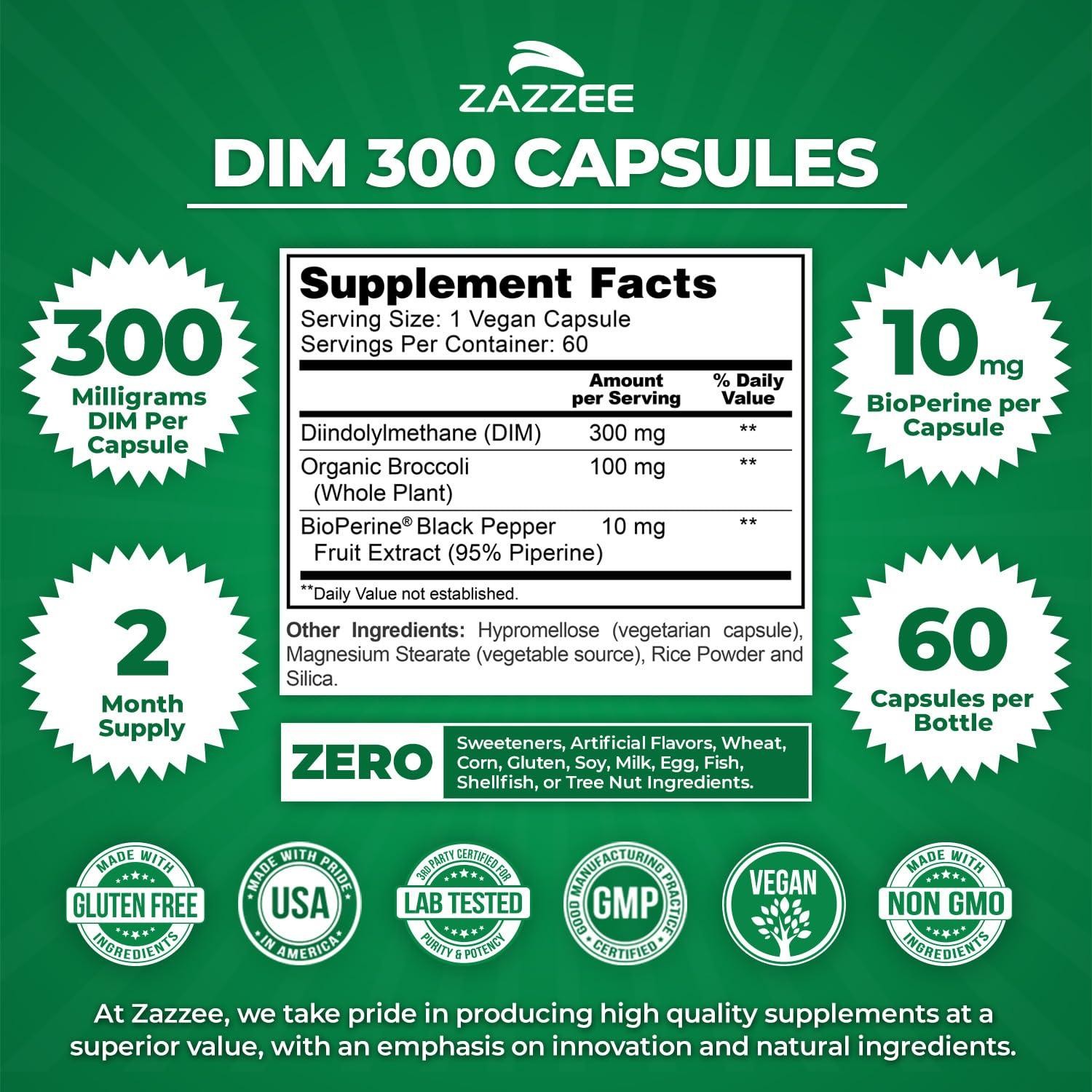 Zazzee DIM 300 mg Per Capsule, 60 Count, Plus 10 mg BioPerine, Estrogen Balance