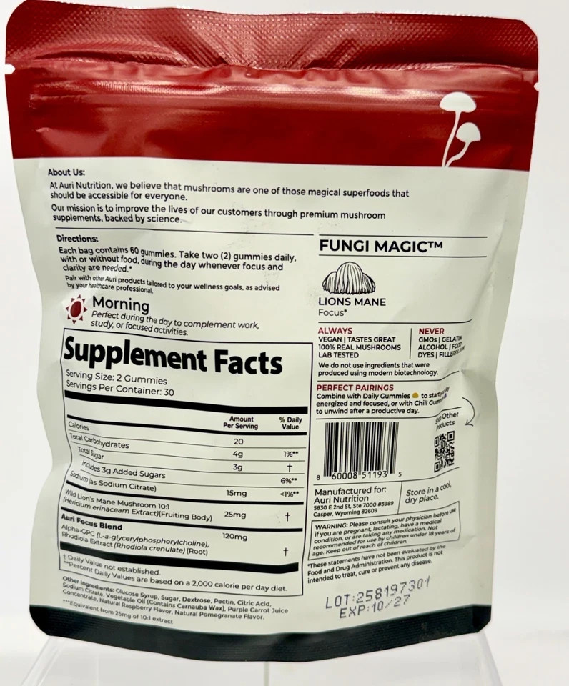 Auri Super Mushroom Focus Gummies 60 Ct Lion’s Mane Raspberry Pomegranate, New