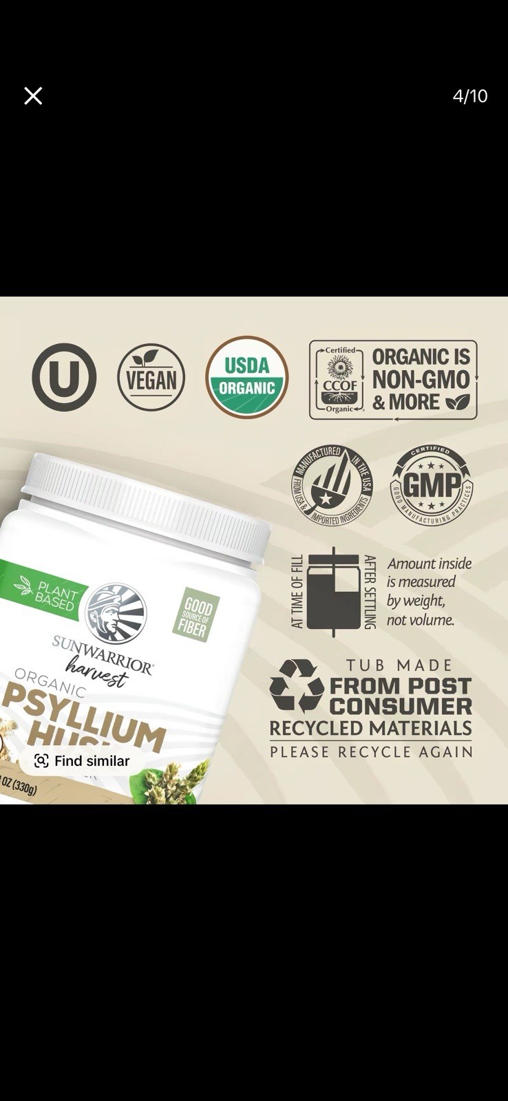 ￼ Organic Psyllium Husk Powder – PGluten-Free, Non-GMO, Keto-Friendly – 11.6 oz