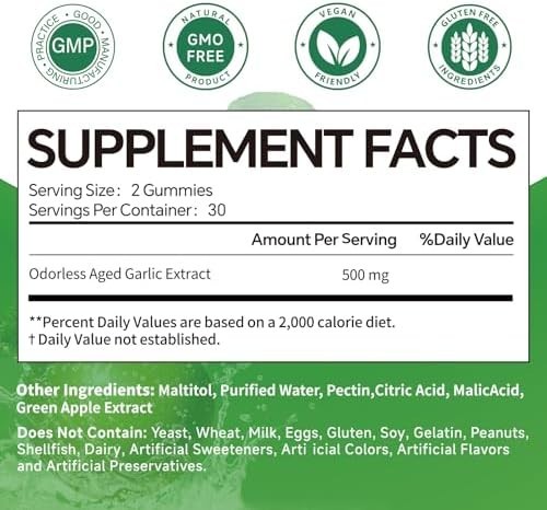 Odorless Aged Garlic Extract Gummies,7500mg Garlic,2 Years Aged Garlic Extract,G