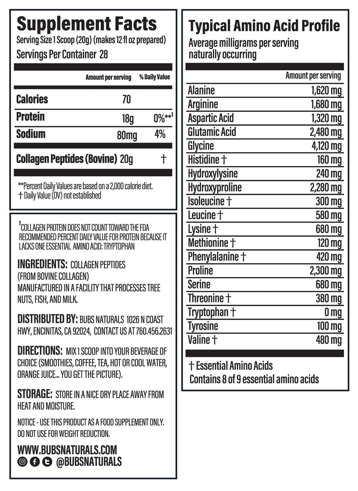 BUBS Naturals Collagen Protein Powder 28 Servings Unflavored Grass Fed Peptides