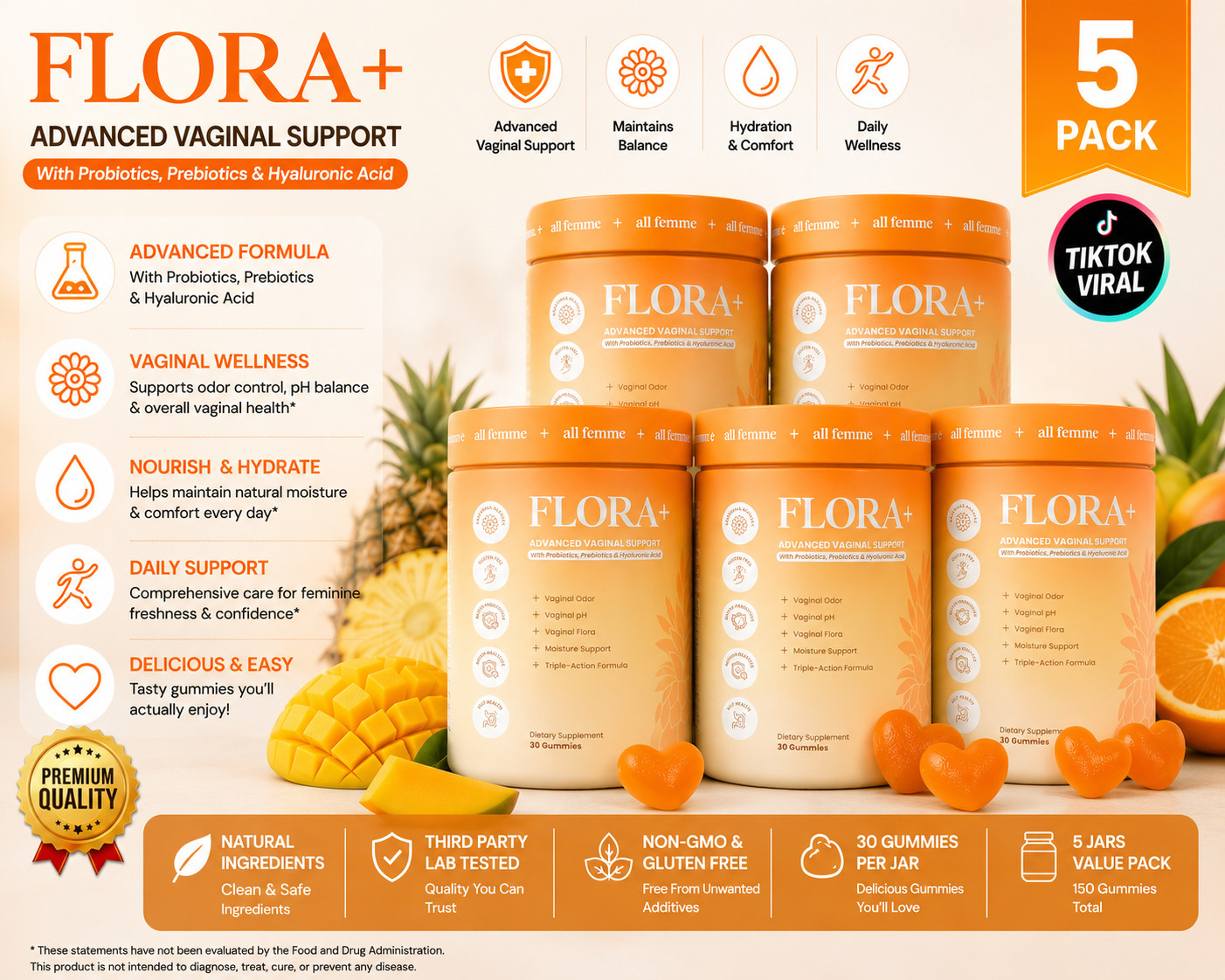 Flora Women Vaginal Probiotic Gummies pH Balance Odor 150ct (Pack of 5) EXP 2028