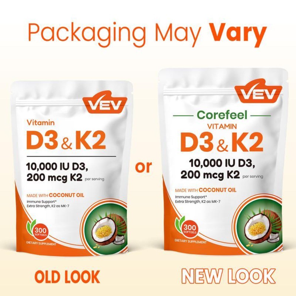 300 Oil Support VEV Softgels, 2-in-1 for Immune & Bone Coconut Vitamin D3,