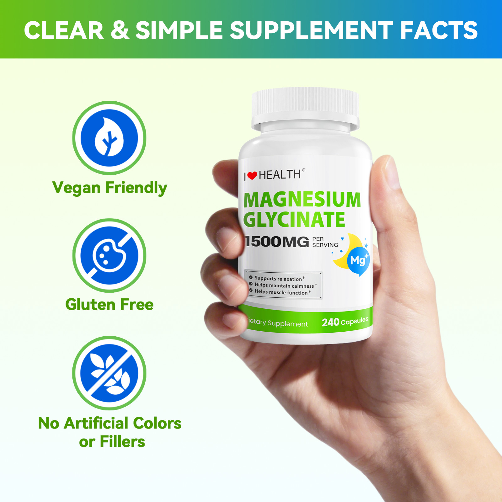 Magnesium Glycinate 1500 mg | 240 Vegan Capsules | High-Absorption Non-GMO