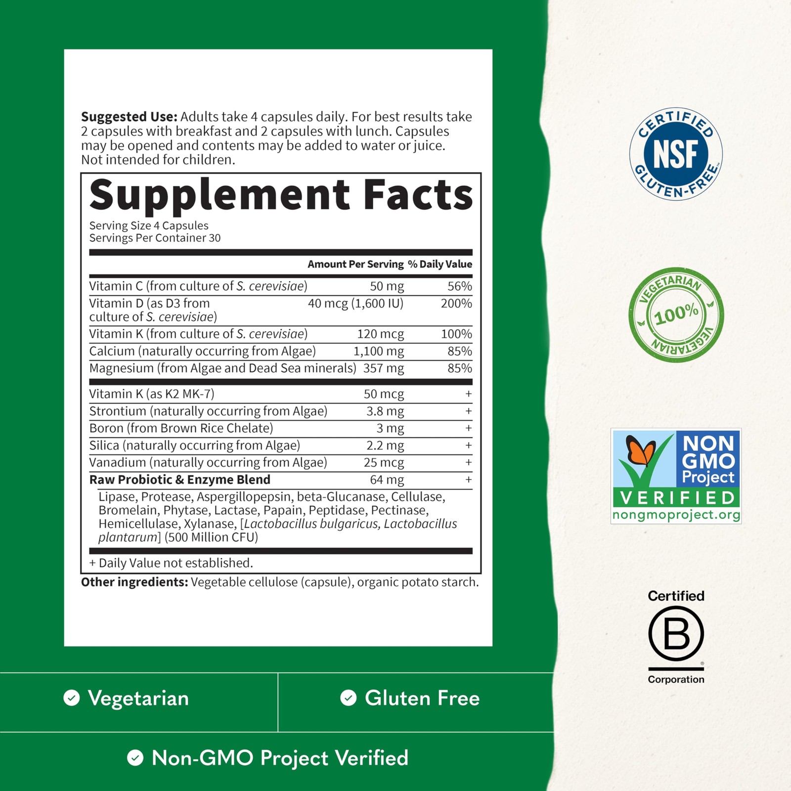 Garden of Life Raw Calcium Supplement w/ Magnesium K2 D3 C Probiotics 120 Caps