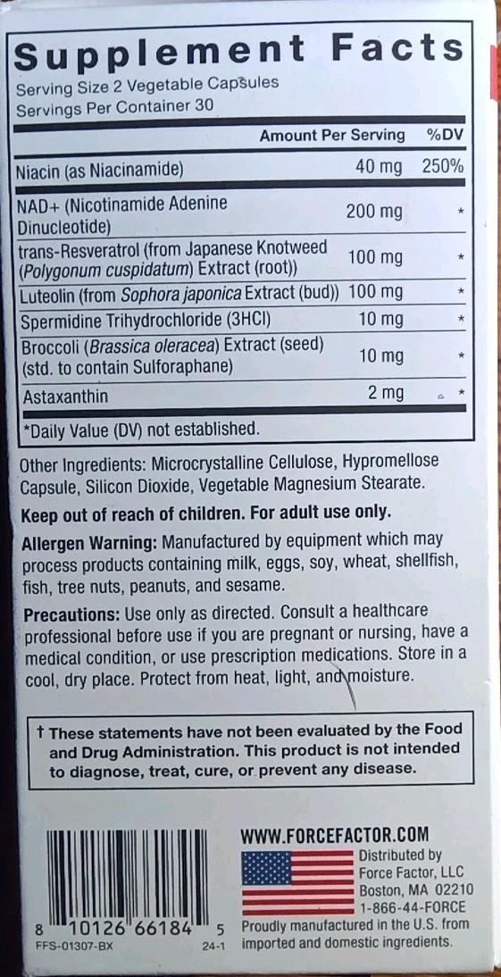 2 FORCE FACTOR ANTI-AGING!! NAD+ LONGEVITY COMPLEX SUPPLEMENT 60 X2 120 CAPSULES