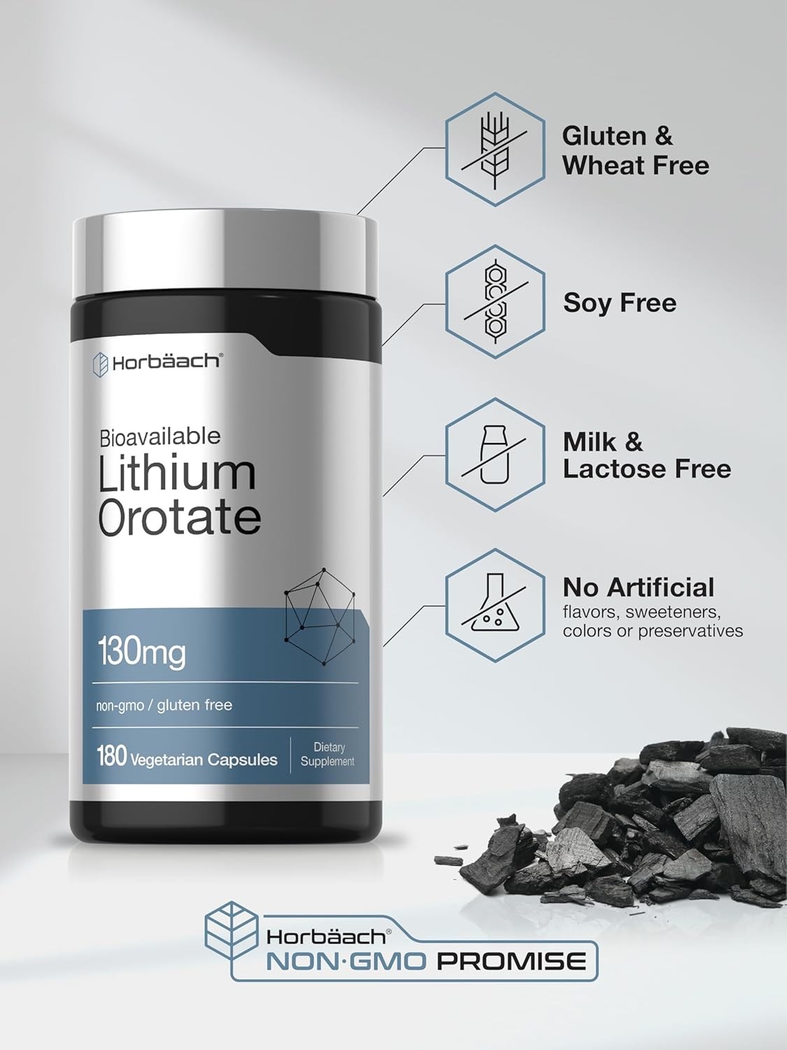 Lithium Orotate 130mg | 180 Capsules | 5mg Elemental Lithium | by Horbaach